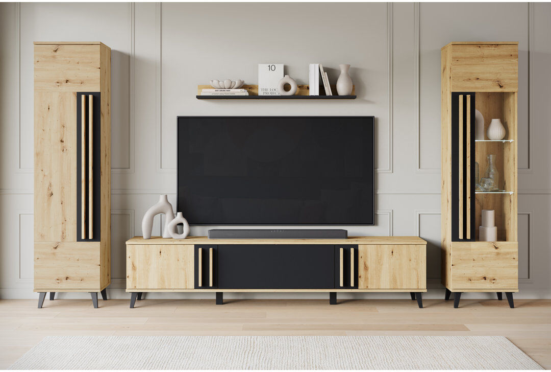 George Oliver Huron Ii Wall Unit With Led Ligting In Colour: Black Medium Wood/Black 78"