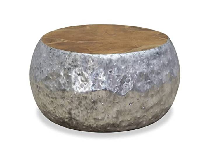 Couchtisch, rund, aus Aluminium und echtem Teak, 60 x 60 x 30 cm, Tisch