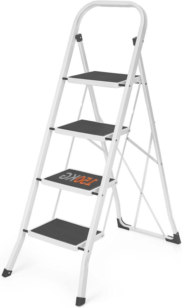 Zwarte vouwtrap met 4 treden en handgreep - Opstap ladder met 150 kg belasting