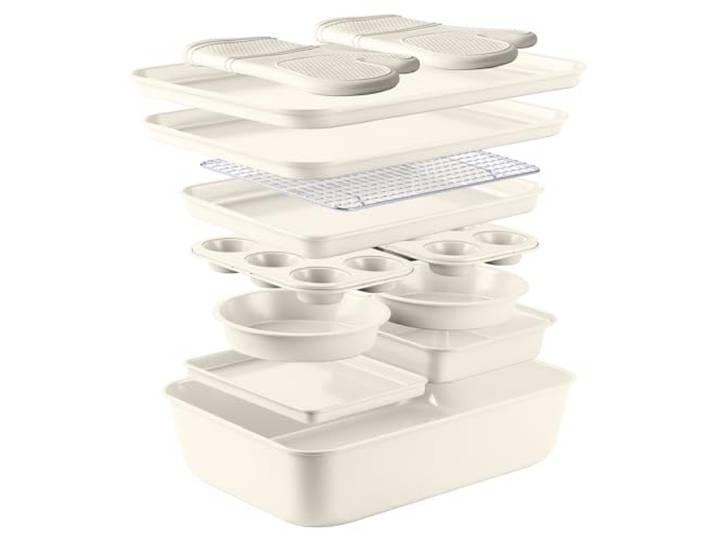 Country Kitchen Stapelbares Backformen-Set mit Antihaftbeschichtung, Deluxe, strapazierfähig, leicht zu lösen, cremefarben, 13-teilig