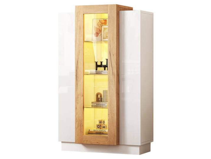 Modenvie Vitrine 74/40/120 cm aus Spanplatte mit LED-Beleuchtung und Acrylfront Weiß/Natur, 74x120x40 cm, Esszimmer, Vitrinen, Vitrinenschränke