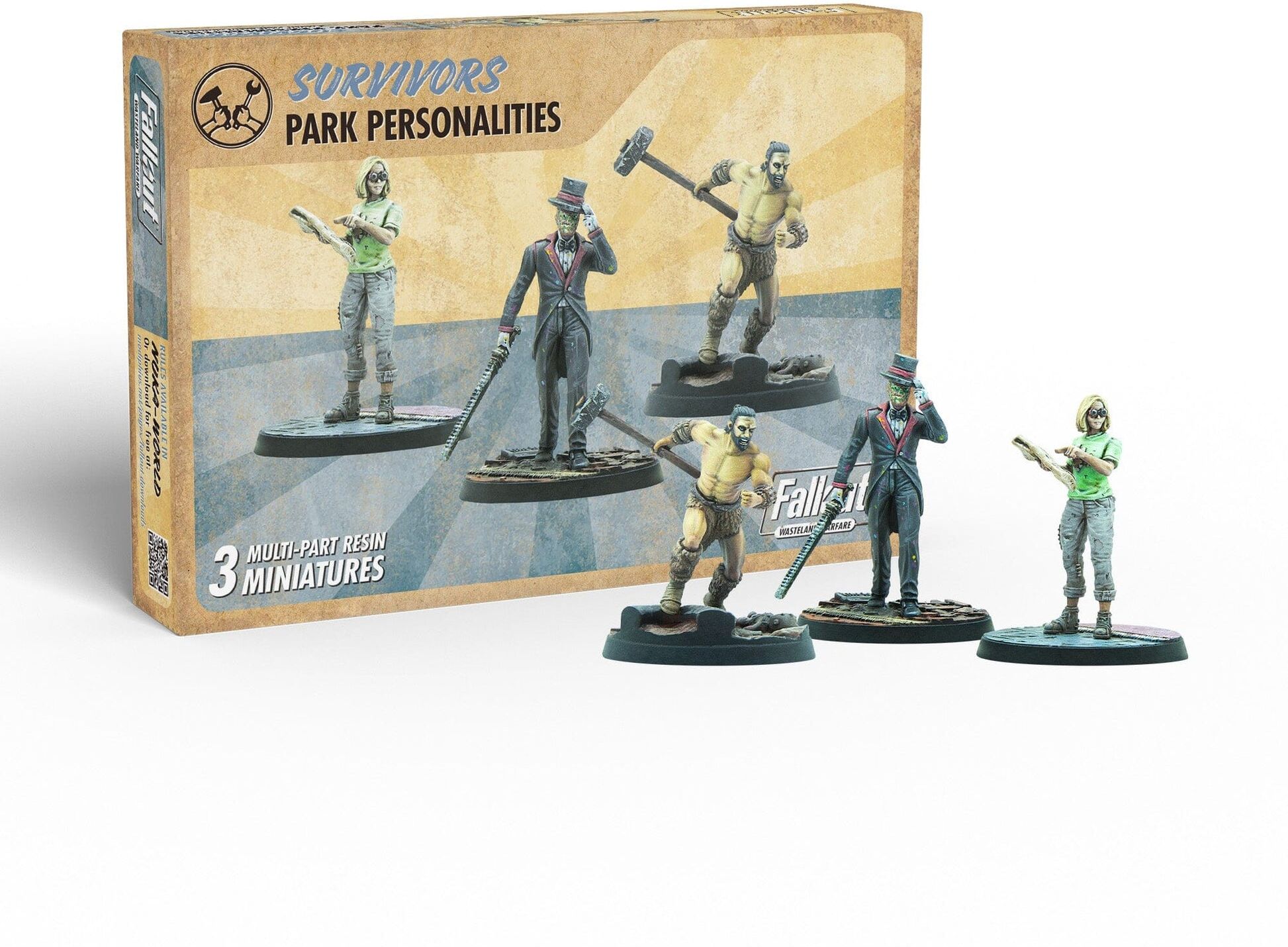 Fallout: Wasteland Warfare – Survivors: Park Personalities Miniatures, 32mm-scale resin miniatures, Ages 14+, by Modiphius Entertainment