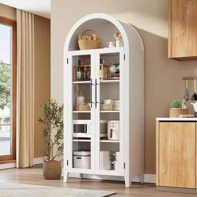 Garvee Arched Kitchen Pantry Cabinet - Farmhouse 5 Tier Display Shelf with Adjustable Shelf and 2 Large Glass Doors
