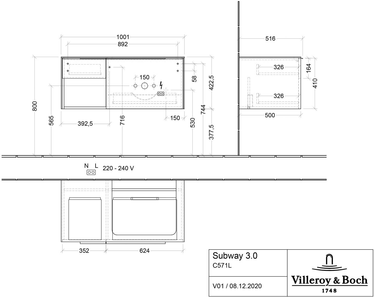 Villeroy & Boch Subway 3.0 Badmöbel-Set 100,1 cm mit Beleuchtung, Griff in Möbelfarbe, Waschbecken rechts