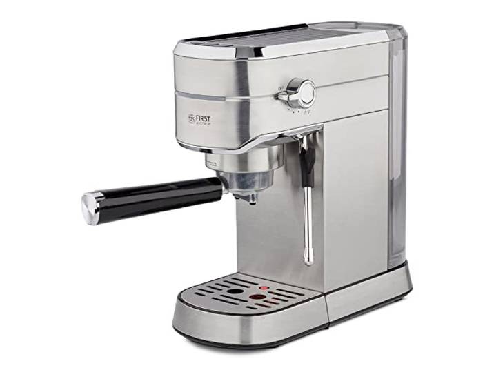 TZS First Austria Espresso Siebträgermaschine elektrisch, mit professionellem Milchschäumer, tauglich für Pads, 1L Wassertank, inkl. 2 doppelwandige Glasbecher, Edelstahl