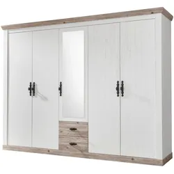 KLEIDERSCHRANK Pinie weiß, Oslo Pinie Landhaus, Drehtürenschrank 5-türig mit Spiegel, 265 x 201 cm