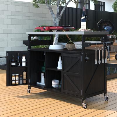 Chichoice Farmhouse Outdoor Kitchen Island with Stainless Steel Top on Wheels - Rolling Grill Cart with Storage for BBQ