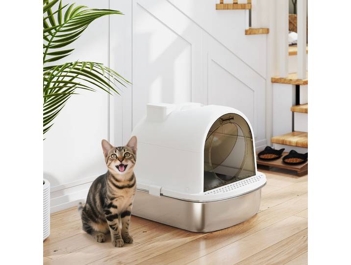 PawHut Maison de Toilette Chat Fermée Acier 52,4x41,3x39,9cm Blanc