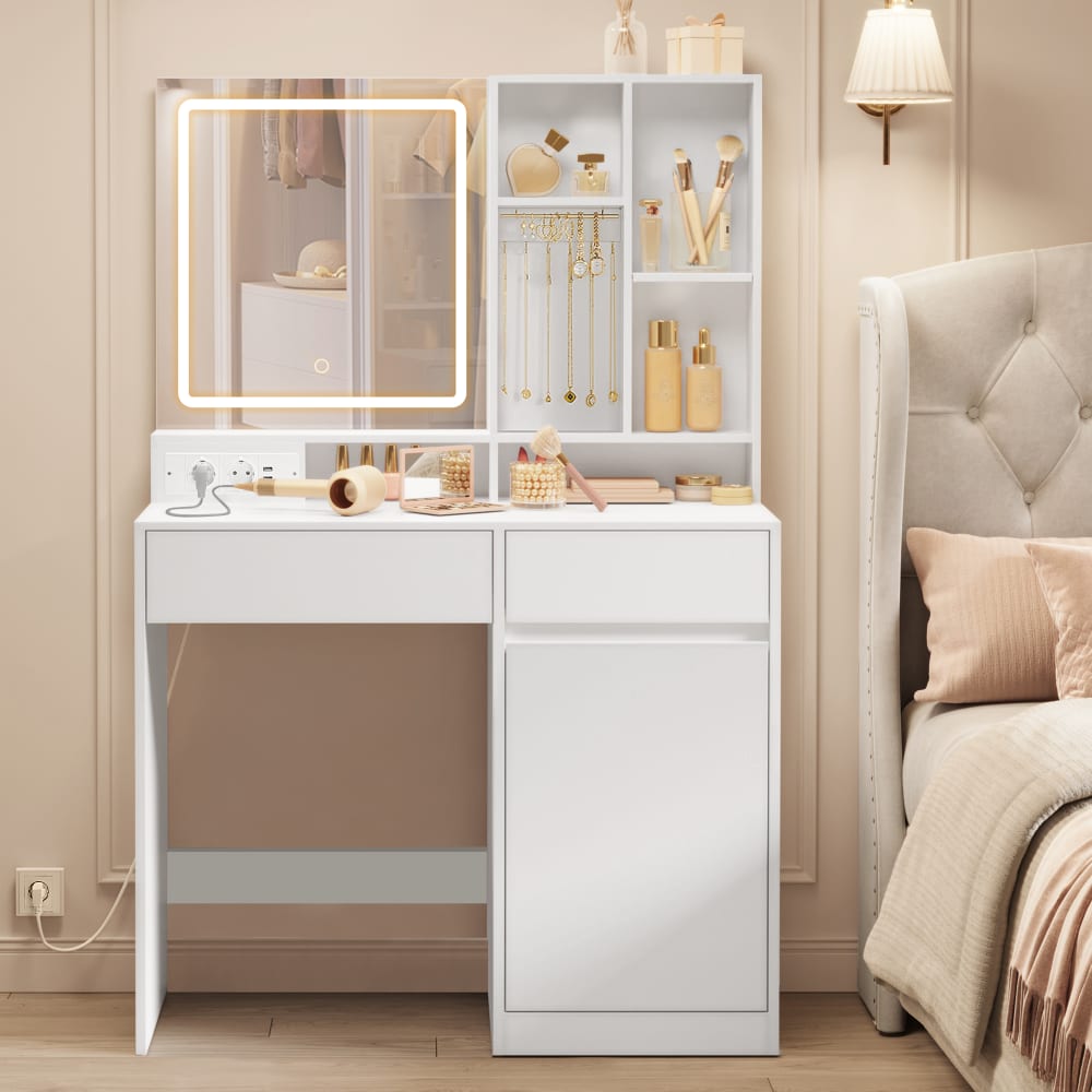 VASAGLE Coiffeuse avec miroir largeur avec tiroir multiprise 90 cm blanc Blanc 90x138x40cm