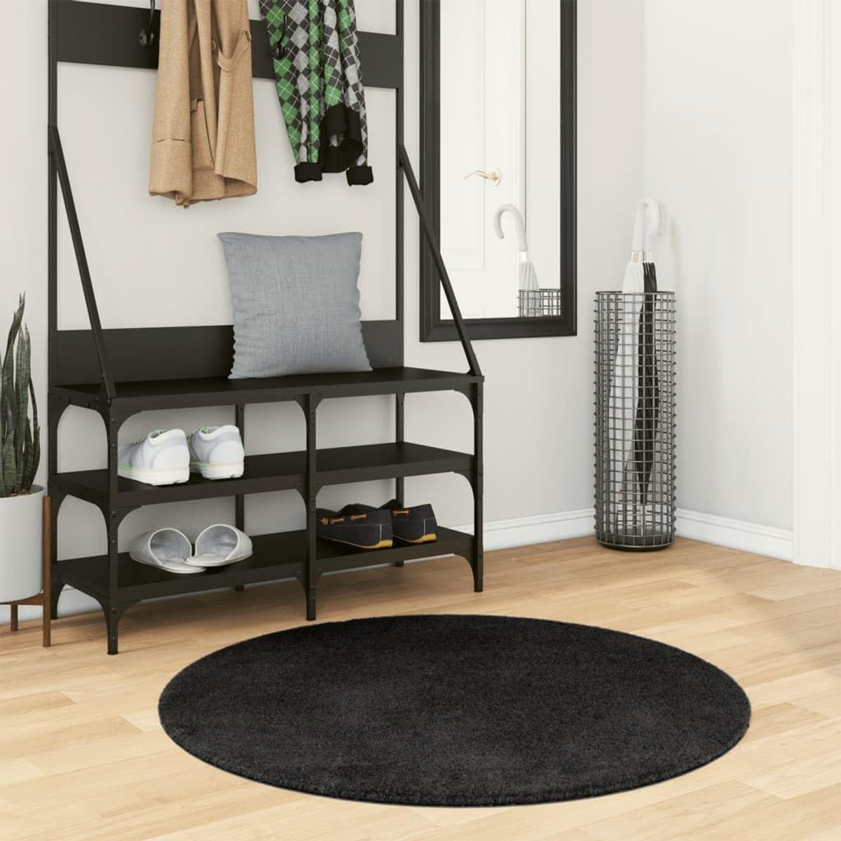 Modern rond vloertapijt zwart, diameter 100 cm, zacht en wasbaar met antislip onderkant