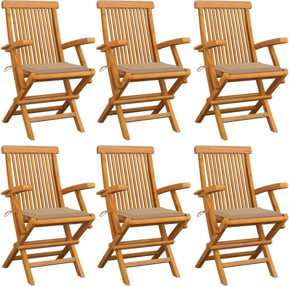 Klappstühle mit beigen Kissen, 6-teilig, Massivholz Teakholz