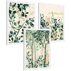 POSTER 3er-Set Wandbilder Floral Bäume modern Wohnzimmer Deko, Schlafzimmer, Küche, Badezimmer Weißer Rahmen A3