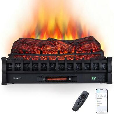 "Costway 30"" WiFi Fireplace Insert Pinewood Set with App and Remote-Black"