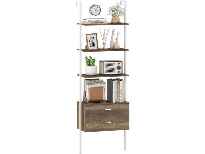 GOPLUS Étagère Échelle avec 4 Niveaux d'Étagères Ouvertes Cadre Métallique et 2 Tiroirs Style Industrielle pour Salon Chambre Gris