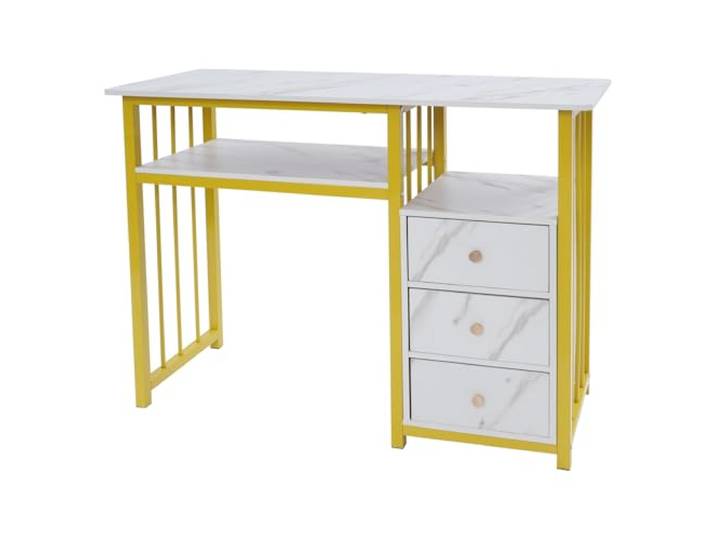 Manikürtisch mit 3 Schubladen, 1 Regalen, Nagelstudio Tisch für Beautysalon Manikürtisch, Schminktisch ohne Spiegel Modern, Nageltisch aus Holz Metallgestell, 100x40x76cm, (Weiß-Gold)