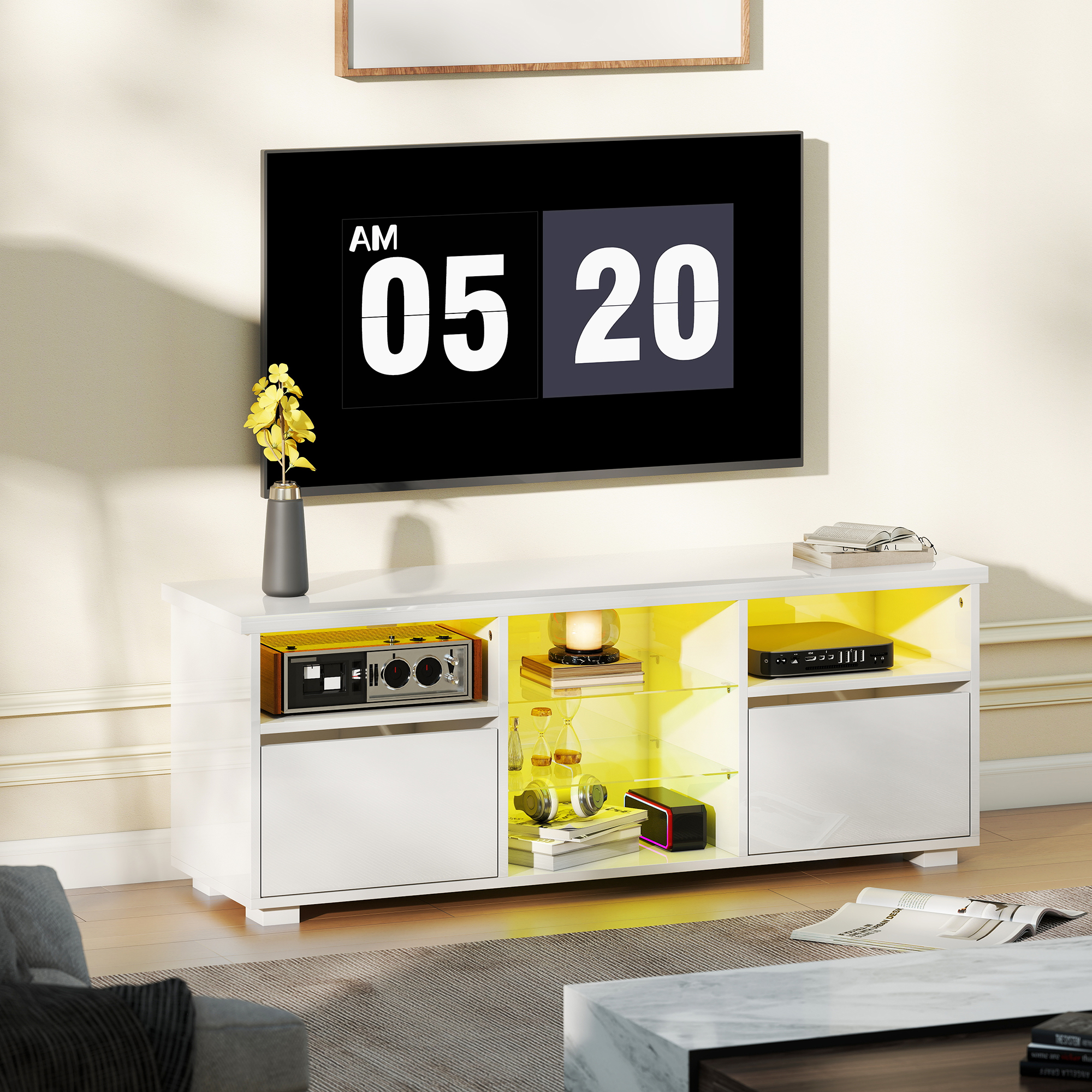 Homcom Mobile TV 120 cm, mobile televisivo per televisore fino a 55 pollici con illuminazione LED e telecomando, mensole in vetro bianco   Aosom Italy