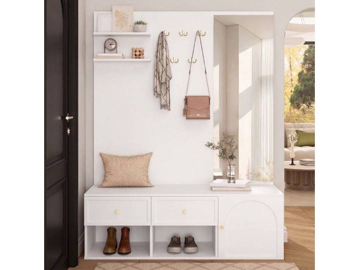 Ensemble rangement entrée blanc 120×35×159cm armoire murale porte‑manteau 5 crochets miroir banc tiroirs et étagère flottante