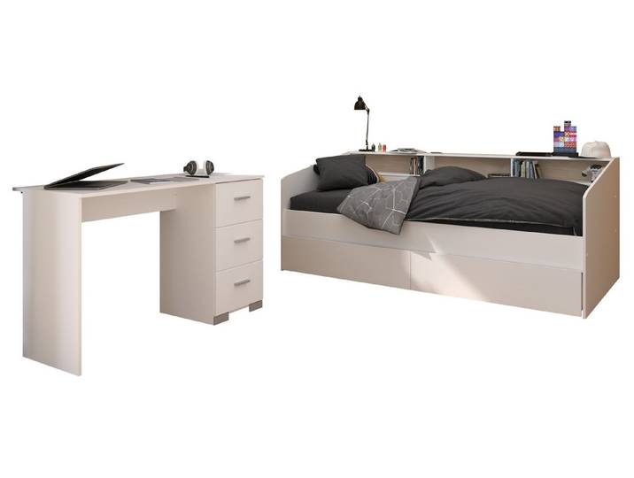 58 aufm Kessel Jugendzimmer-Set Kinderzimmer Set Parisot Sleep 3-tlg. Holzdekor Weiß/Eiche, (inkl. Versand, Lieferung bis Verwendungsstelle), Regalrückwände beim Bett in Weiß oder Eiche