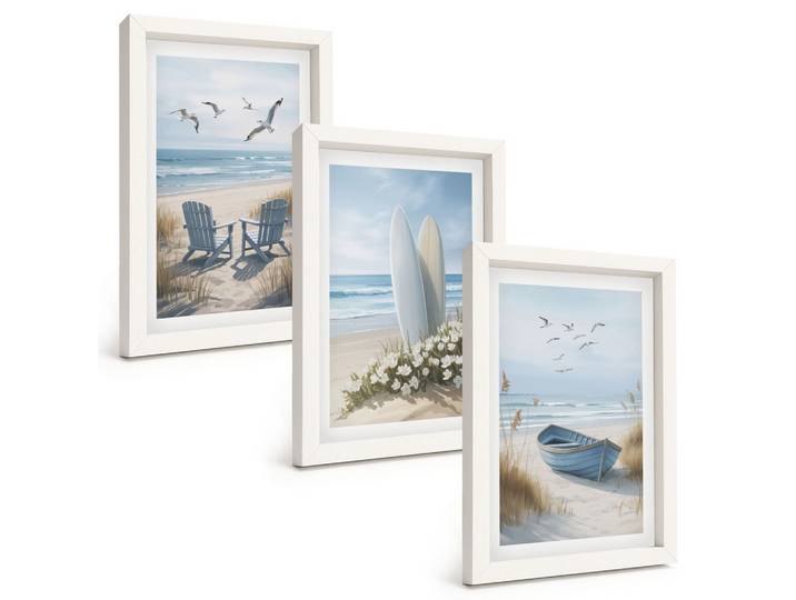 BILDER SET 3er Set - 20x30 cm Weißer Rahmen - Strand Surfbretter Vögel