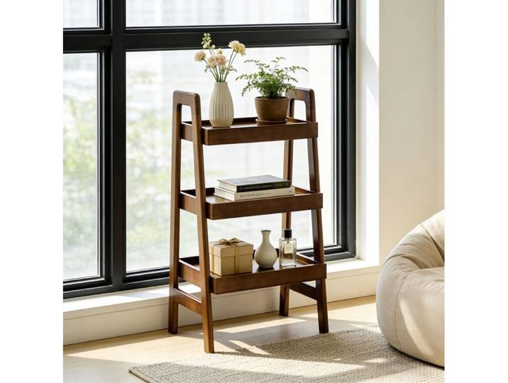 Étagère Leiterregal 3 Niveaux Bois Massif Walnut Petit Meuble Multifonction