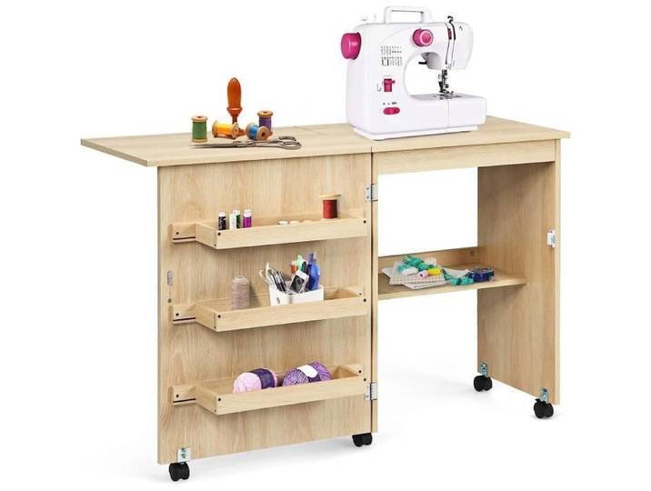 GOPLUS Bureau Pliant et Mobile - Table de Couture 3 Bacs+1 Etagère - Portes magnétiques - 118 5x40x79 5CM Beige