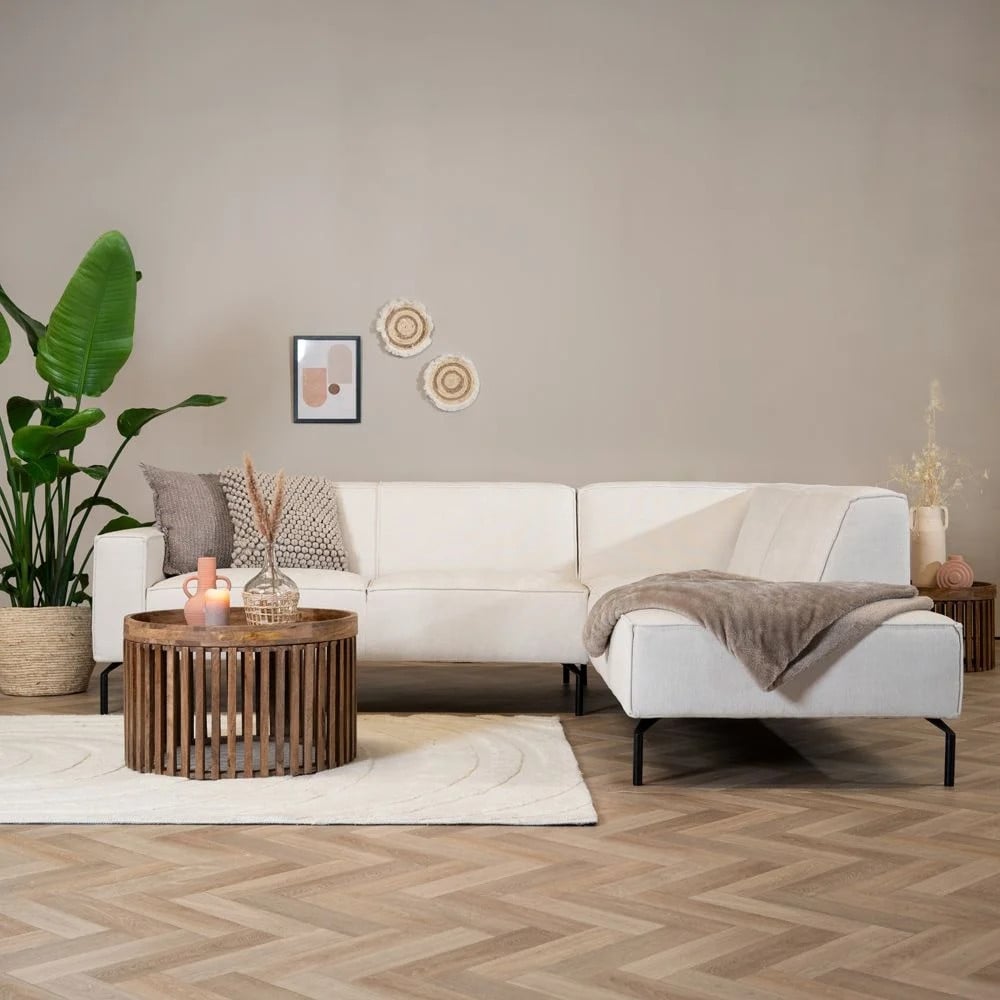 Hoekbank Bronx71 in beige stof, modern en rechts geplaatst