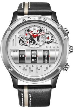 Fashion Sheath Luxury Mens Quartz Watch With Creative Rotating Date And Genuine Leather Strap silver