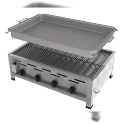 ChattenGlut Professional Gastrobräter, 4 Brenner, 14,7 kW, verchromter Stahlrost und Stahlpfanne, Gewerberegler + SBS, 810 x 530 x 270 mm, Tischgerät