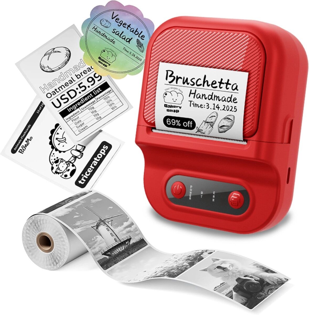 INF Thermoetikettendrucker mit Bluetooth-Dualmodus, 203 dpi, Type-C-Anschluss und vielseitiger App Rot