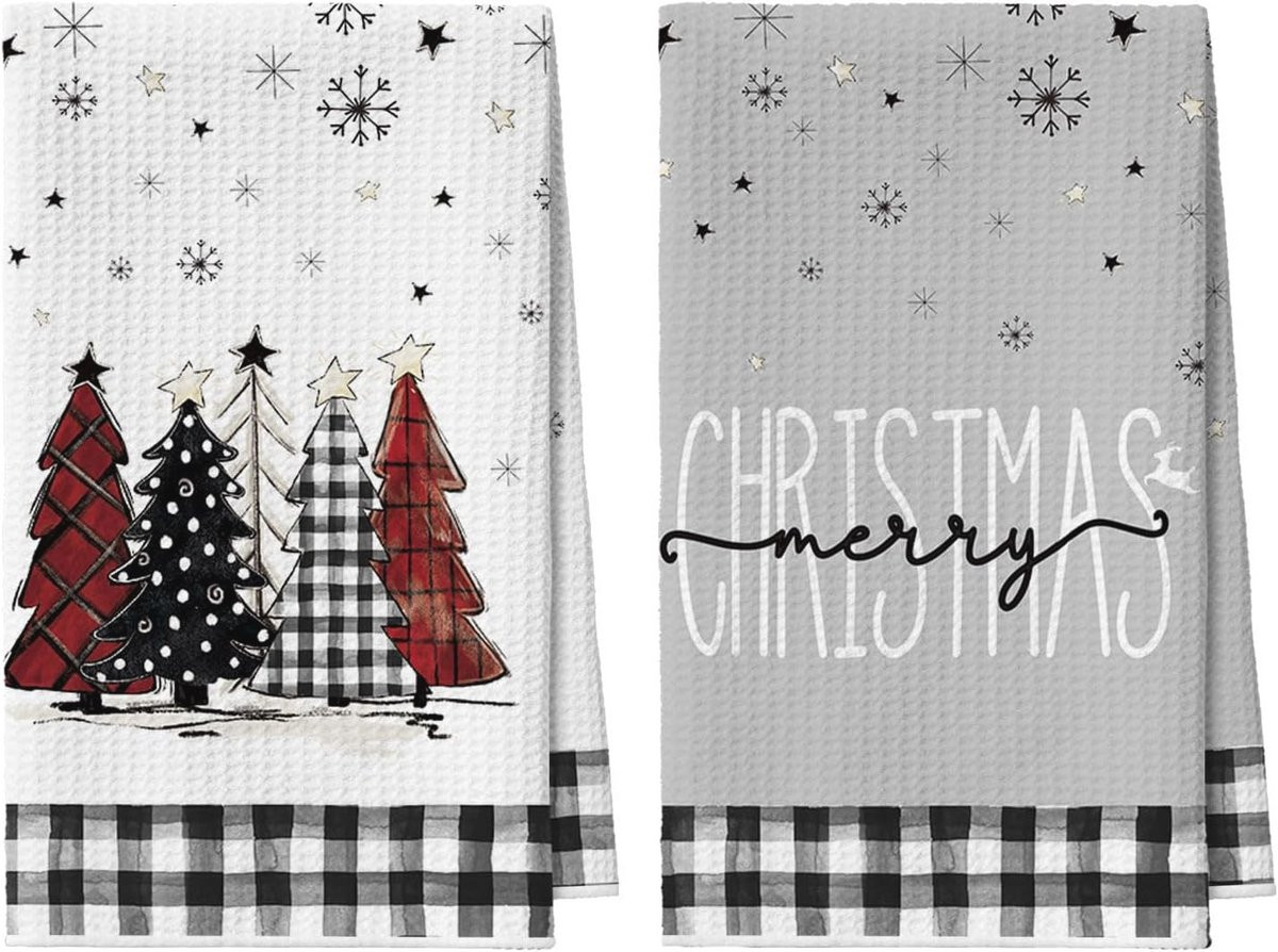 Set van 2 Merry Christmas Keukenhanddoeken met Sneeuwvlokken en Buffalo Plaid