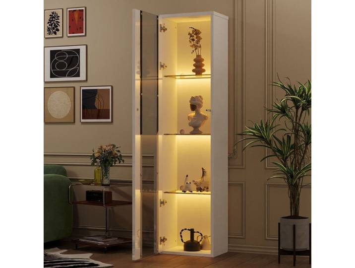 Vitrine 40x29x170 cm avec cloison en verre et éclairage LED Vitrine Armoire moderne à quatre étagères Salon/Chambre blanc