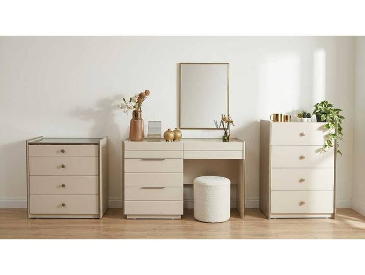 JVmoebel Schminktisch Schminktisch Garnitur Beige Modern Luxus Kommoden Spiegel Hocker