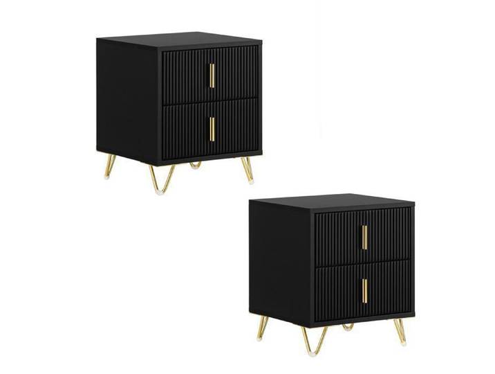 SoBuy Lot de 2 Table de Chevet avec 2 tiroirs et Pieds en métal doré Table de Nuit Moderne Noir 40x40x47 cm
