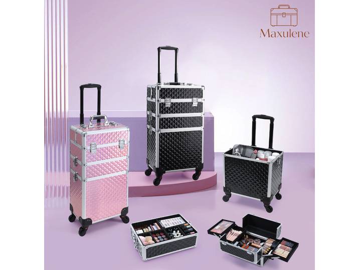 Trolley de maquillage professionnel 3-en-1 sur roulettes avec 4 plateaux, grande valise de rangement pour cosmétiques et outils de tatouage, avec clés