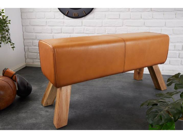 Design Sitzbank TURNBOCK 100cm cognac Echtleder Mangoholz Retro Sitzhocker