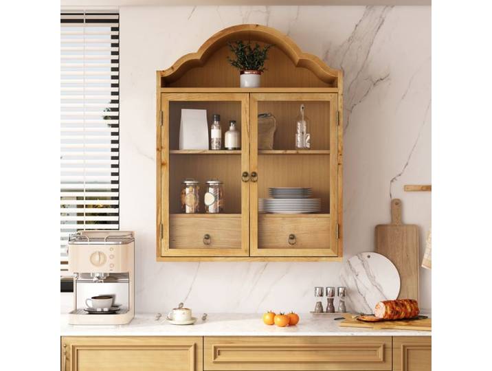 Armoire murale rétro 2 portes 2 tiroirs à suspendre avec étagères réglables - LPOSPI - bois verre naturel