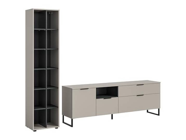 xonox.home – Wohnkombination Noida 245x192x41 cm in Kaschmir Nachbildung und Schwarz – Zeitgemäßes Wohnzimmermöbel-Set mit Stauraum – klar, modern & wohnlich