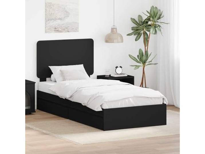 Stauraumbett Holzwerkstoff Stadtwohnung Design 90 x 190 cm Schwarz Aufbewahrungsbett Holzstoff Schwarz 90x190 cm mit Schubladen Lattenrost und Kopfteil Komfort Stauraum Bettgestell Modern
