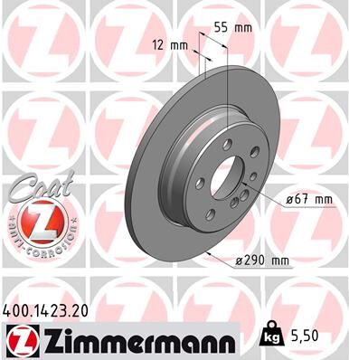 Zimmermann Bremsscheibe Coat Z 400.1423.20 Hinterachse Voll 290mm 12mm Für Mercedes
