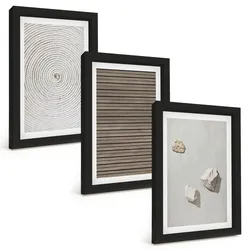BILDER SET 3er Set - 20x30 cm Schwarzer Rahmen - Natürliche Texturen Holz Stein