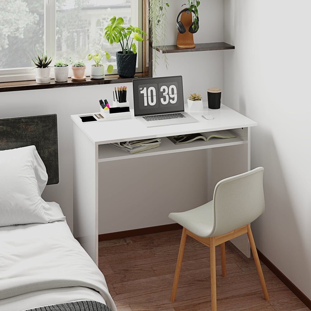 Homcom Bureau informatique avec étagère panneaux de particules blanc laqué Blanc 90x74x50cm