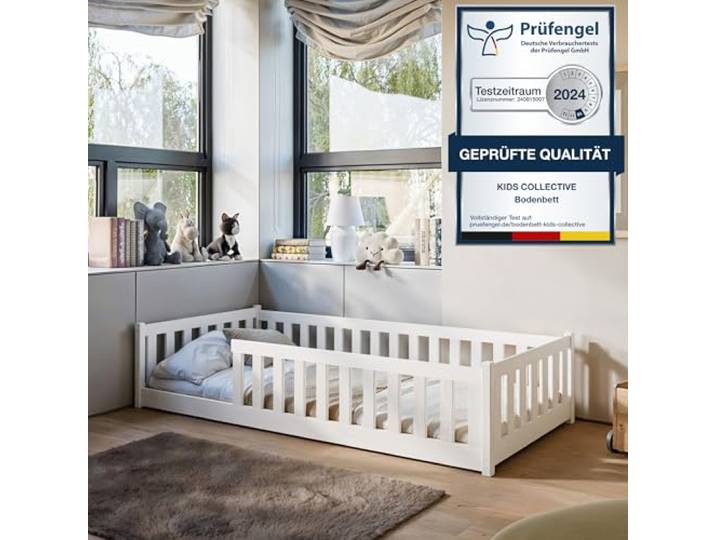 Kids Collective Montessori-Bodenbett 90x190 cm, Weiß, Rausfallschutz Lattenrost inklusive, Matratze optional, massives Kiefernholz, für Kinder und Jugendliche
