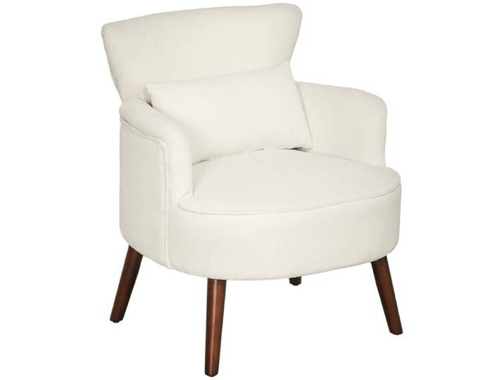 Fauteuil Logidon blanc crème aspect velours côtelé et pieds en bois