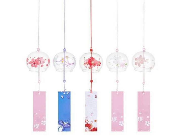 Windspiel 5-teiliges Set Glas Kirschblütenmotiv Japanisch, Mehrfarbig, 6.9x1x42 cm, Dekoration, Gartendeko