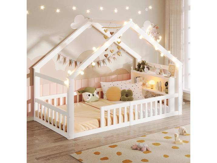 Lit Cabane 90×190 Cm\, Lit Simple Avec Barrière\, Étagères Et Guirlande Lumineuse\, Sans Matelas\, En Pin\, Blanc