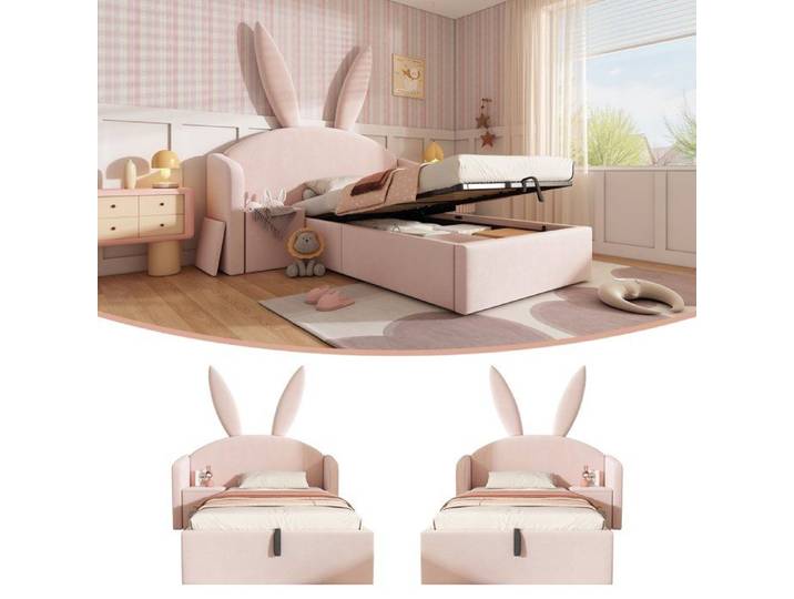 Lit coffre Enfant - GENERIQUE - 90x200 cm - Tête de lit oreilles de lapin - Velours rose - Coffre hydraulique