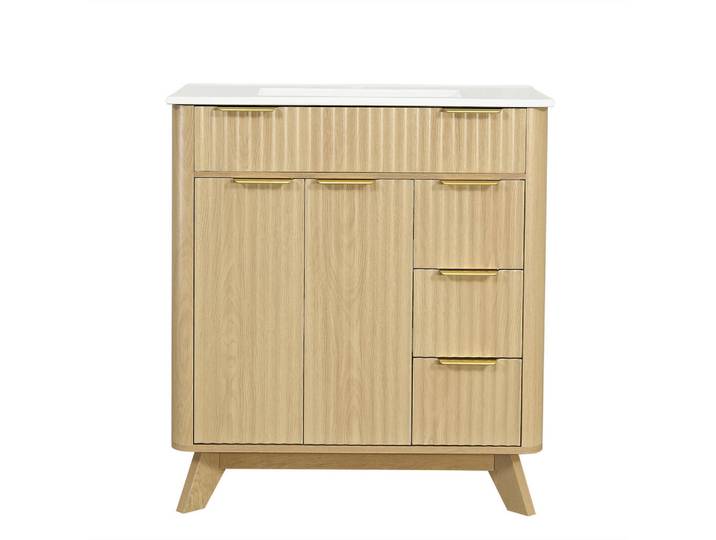 Flieks Badezimmerschrank Wellenoptik Holzton 3 Schubladen 81cm, Naturfarben, Keramik, 81x90x47 cm, Badezimmer, Badmöbel, Waschbeckenunterschränke