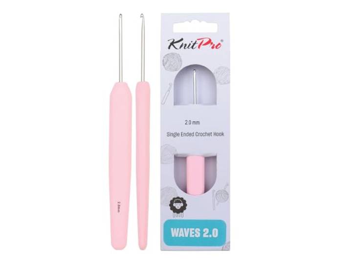 KnitPro Waves Haaknaalden – 2mm haaknaald, ergonomische zachte handgrepen, zachte rubberen grip voor artritische handen, lichte en comfortabele haaknaalden voor breien