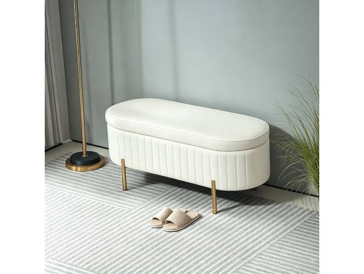 HOMCOM Banc Rangement Velours 72L Pieds Métal Crème 108cm