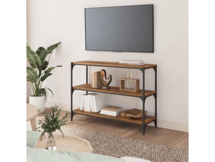 Bibliothèque - OMABETA - Chêne fumé - 100x33x70 5 cm - 3 étagères - Style industriel